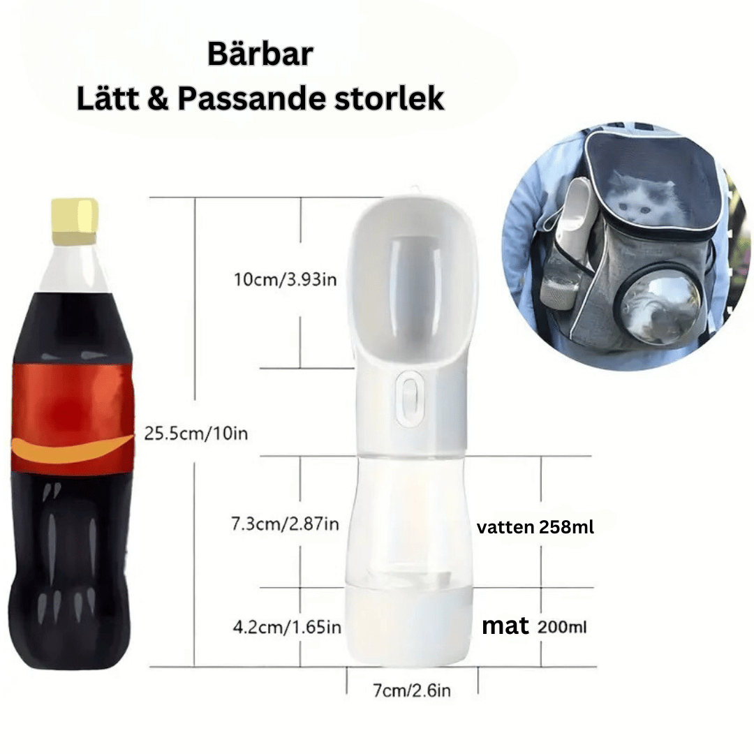 En bärbar vattenflaska och matbehållare för husdjur i en lätt och passande storlek. Flaskan rymmer 258 ml vatten och matbehållaren rymmer 200 ml mat. Bilden visar även hur flaskan kan bäras i en ryggsäck.