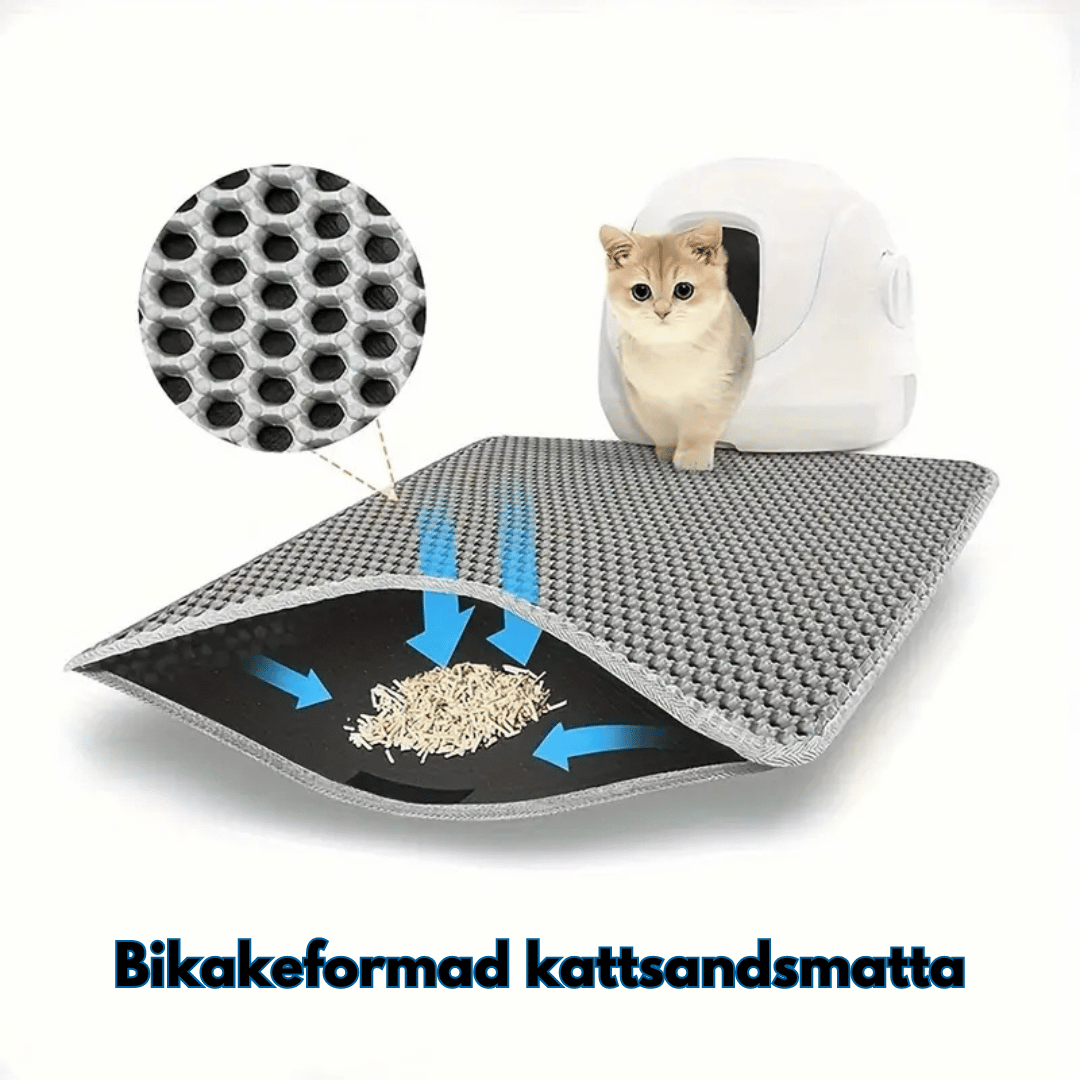 En grå, bikakeformad kattmatts som placeras under en kattlåda för att fånga upp kattsand som spills ut. Mattan har en inbyggd ficka för att enkelt samla upp sanden.