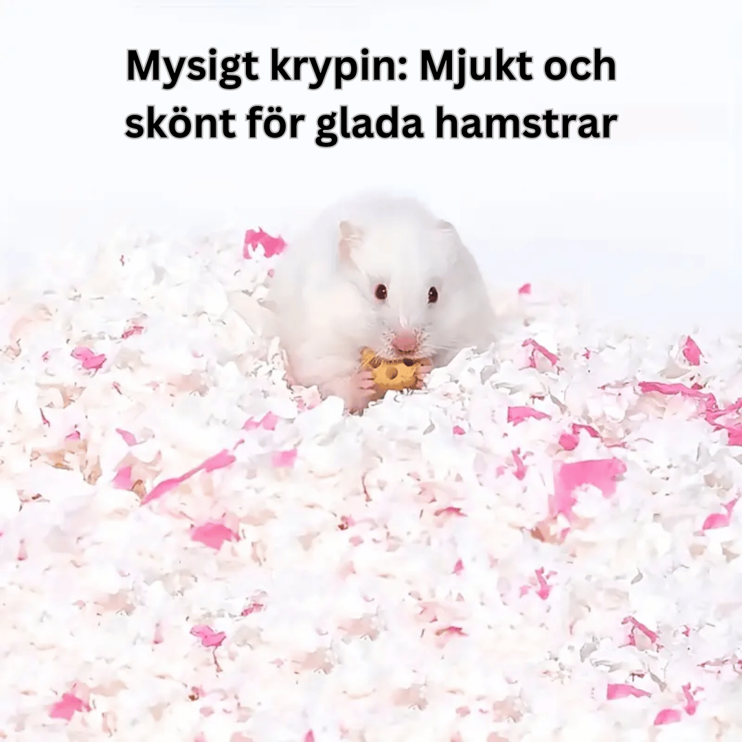 En vit hamster sitter i ett mjukt och skönt hamsterströ av vita och rosa pappersstrimlor. Hamstern äter en bit mat. Texten 