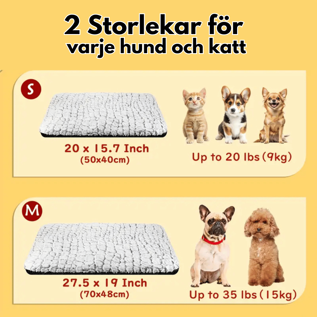 Två storlekar av en hundbädd i mjukt och plyschigt tyg. Storlek S är 50x40 cm och passar hundar upp till 9 kg. Storlek M är 70x48 cm och passar hundar upp till 15 kg. Bilden visar även exempel på hundar och katter som passar för respektive storlek.