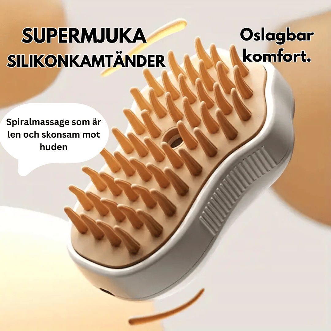 En vit husdjursborste med supermjuka silikonkamtänder som ger en len och skonsam spiralmassage.