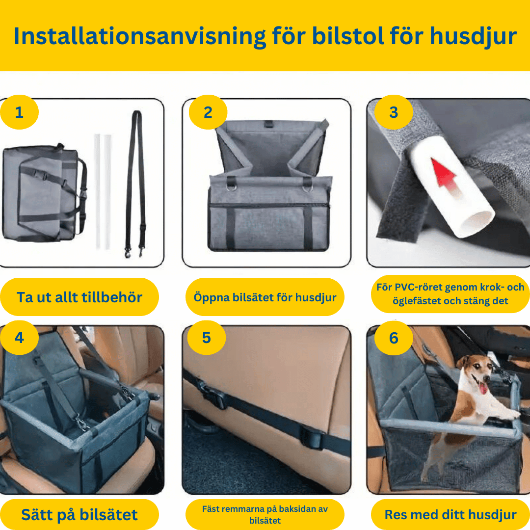 En installationsguide i sex steg som visar hur man installerar en bilsits för husdjur.

Ta ut allt tillbehör.
Öppna bilsätet för husdjur.
För PVC-röret genom krok- och öglefästet och stäng det.
Sätt på bilsätet.
Fäst remmarna på baksidan av bilsätet.
Res med ditt husdjur!