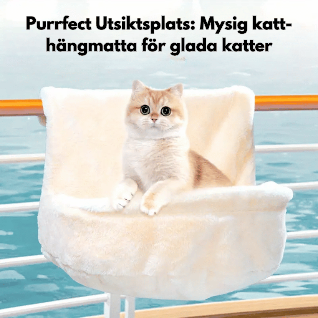 En fluffig och mysig katt-hängmatta i beige färg, perfekt för att hänga i fönstret. En nyfiken katt sitter i hängmattan och tittar ut. Texten 