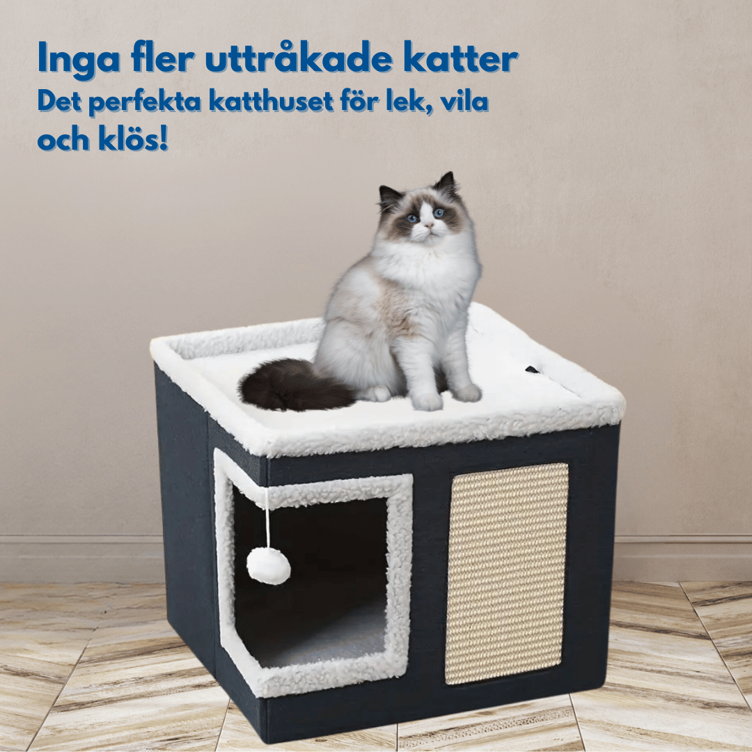 Ett grått katthus med inbyggd klösbräda och en mjuk liggplats på toppen. En ragdoll-katt sitter på liggplatsen. Texten 