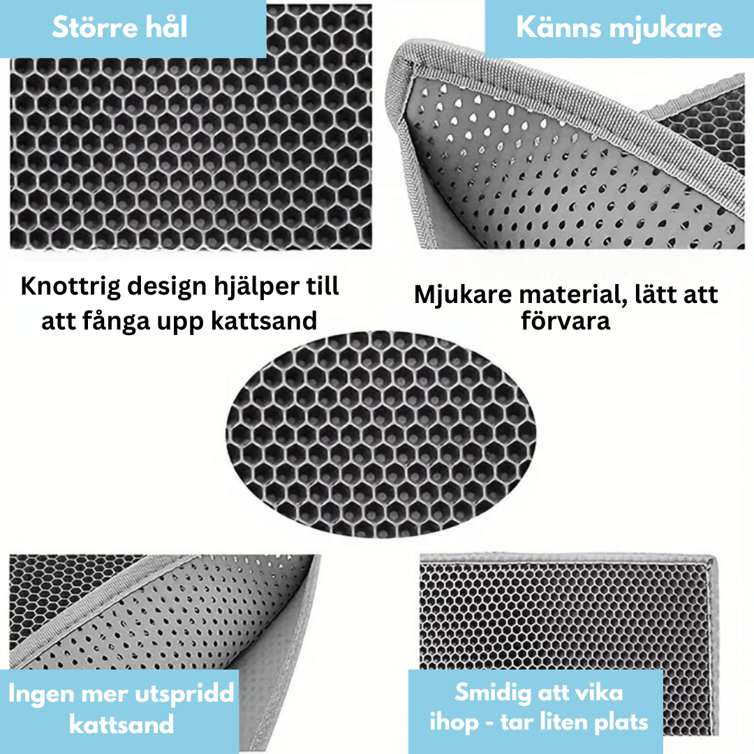 En grå kattmatta med större hål och en knottrig design som hjälper till att fånga upp kattsand. Mattan är mjukare och smidigare att vika ihop än traditionella kattmattor.