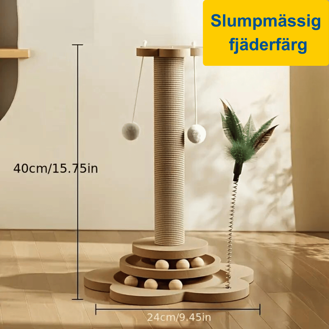 Ett 40 cm högt klösträd med en klösstolpe i wellpapp, en roterande plattform med bollar och en fjäder i slumpmässig färg. Texten "Slumpmässig fjäderfärg" finns i bilden.