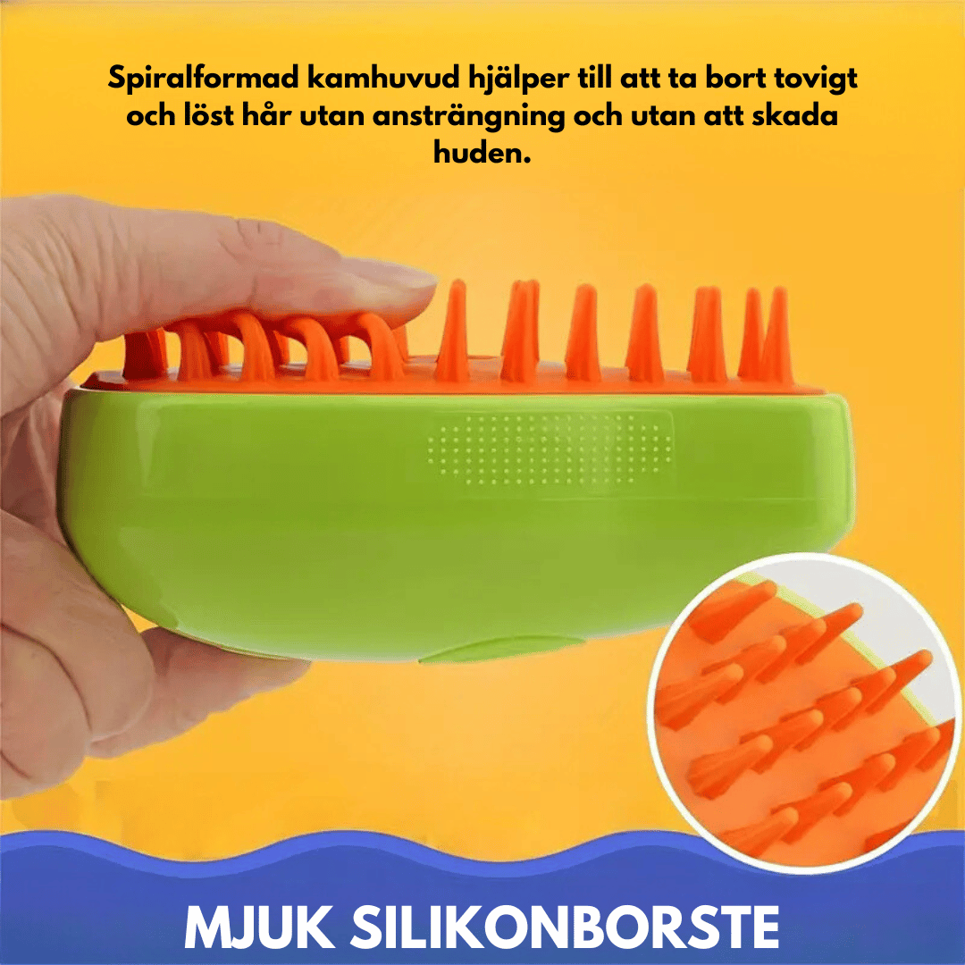 En grön silikonborste med spiralformat kamhuvud som hjälper till att ta bort tovigt och löst hår utan ansträngning och utan att skada huden. En hand håller i borsten och en närbild på det orange borsthuvudet visas.