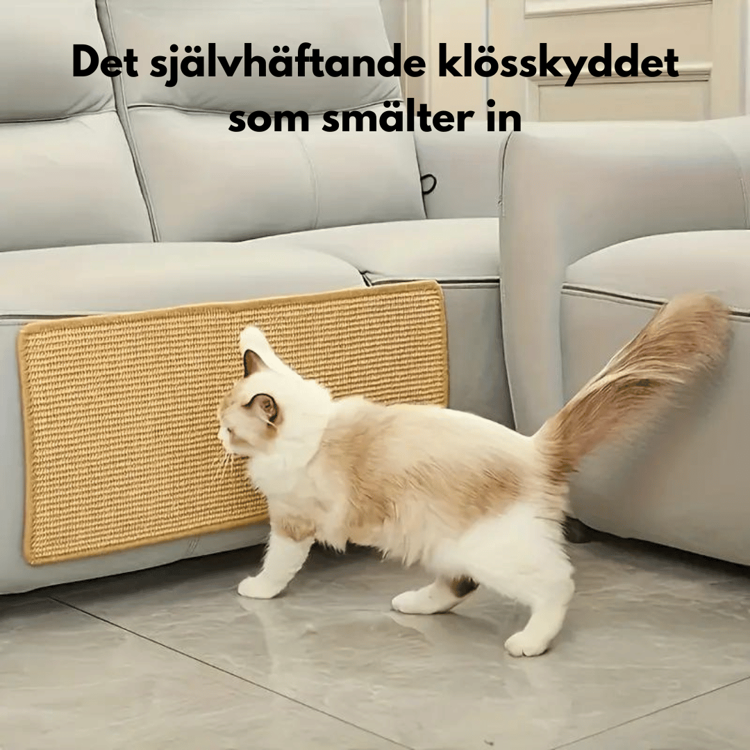 En beige klösmatta som är självhäftande och fäst på en grå soffa. En ragdoll-katt undersöker klösmattan. Texten "Det självhäftande klösskyddet som smälter in" finns i bilden.