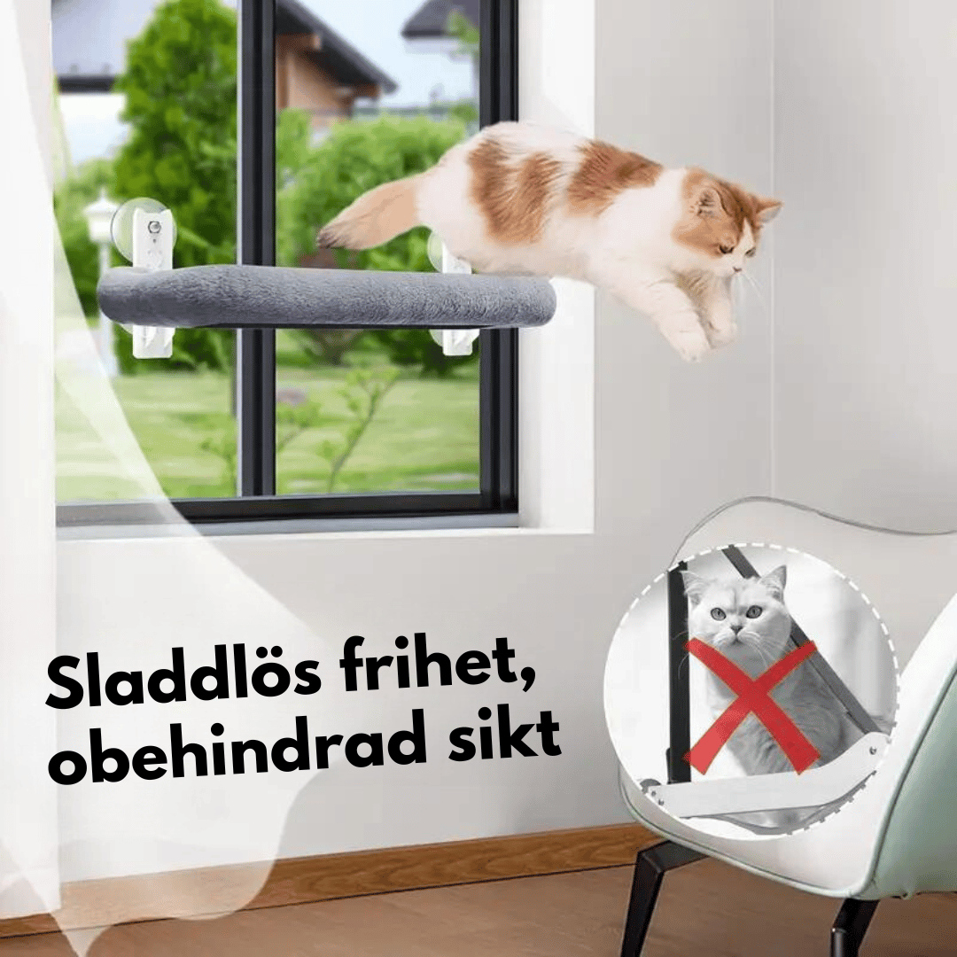 En grå sladdlös fönsterhängmatta för katter. En katt hoppar upp i hängmattan som är fäst i fönstret med sugkoppar. Texten "Sladdlös frihet, obehindrad sikt" finns till vänster i bilden. En ruta med ett kryss över visar att hängmattan inte ska monteras på en stol.