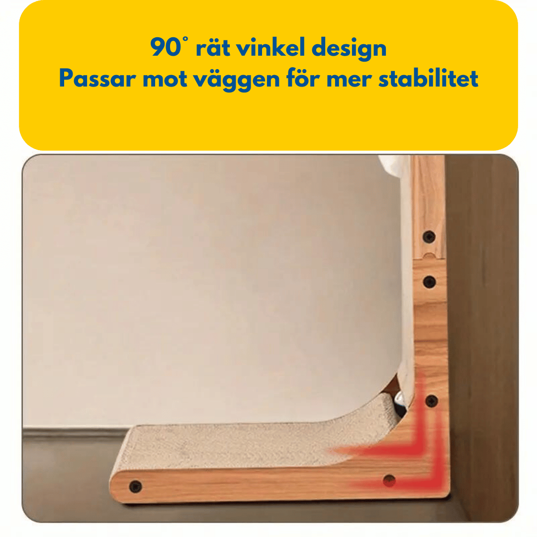 En klösbräda i trä med en 90° rät vinkel design som gör att den passar perfekt mot väggen för ökad stabilitet. Texten "90° rät vinkel design Passar mot väggen för mer stabilitet" finns i bilden.