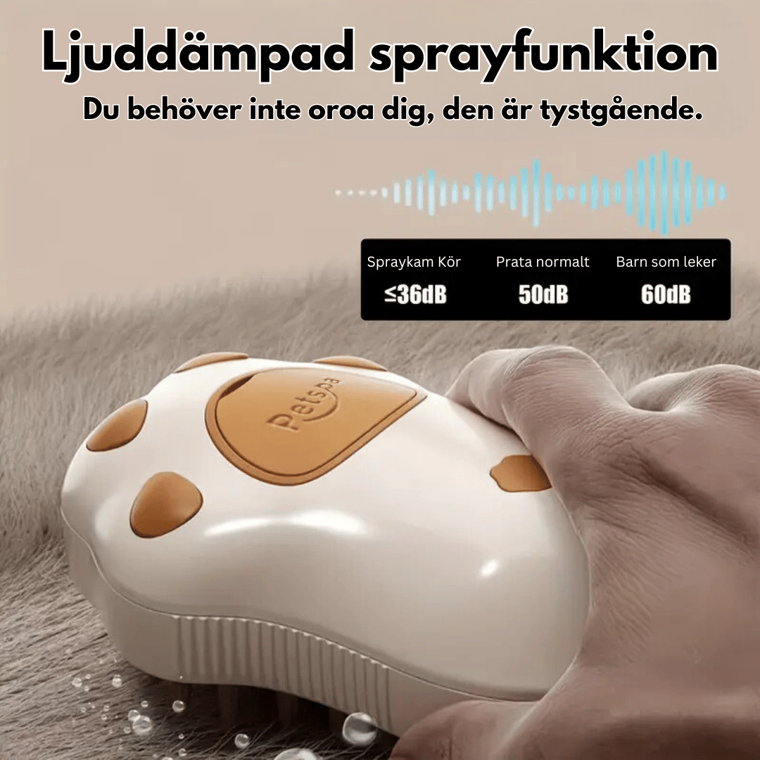 En vit spraykam för husdjur med ljuddämpad sprayfunktion. Produkten har en tassformad design och avger mindre än 36 dB ljud.