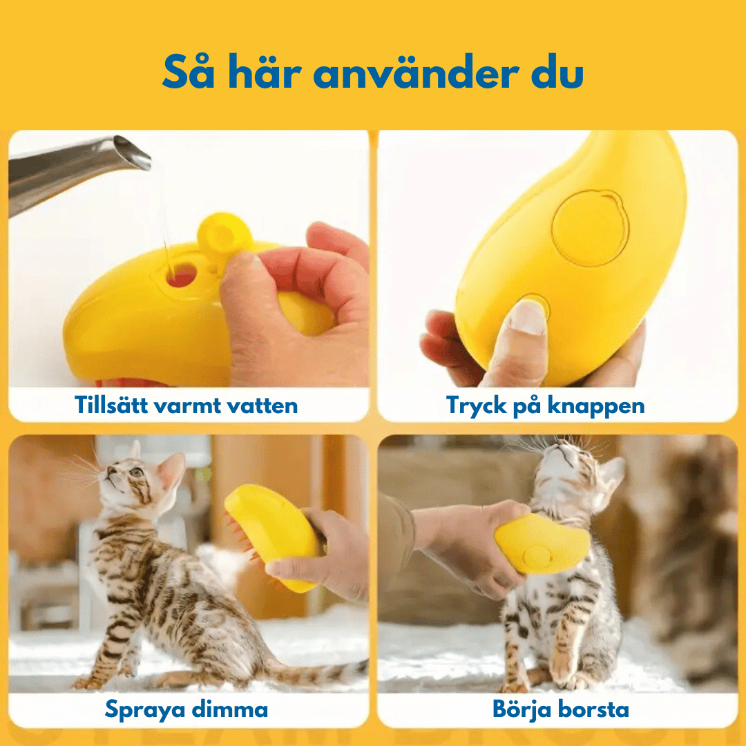 En guide som visar hur man använder en gul uppladdningsbar husdjursborste med sprayfunktion. Guiden visar hur man fyller borsten med vatten, trycker på knappen för att spraya dimma och borstar en katt.