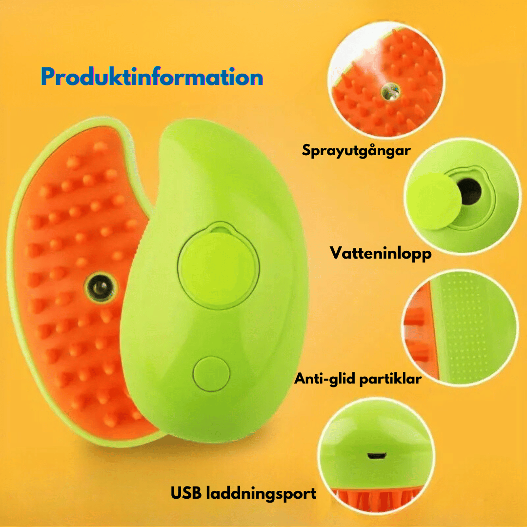 En grön uppladdningsbar husdjursborste med sprayfunktion. Bilden visar produktinformation om borste, inklusive sprayutgångar, vatteninlopp, anti-glid partiklar och USB laddningsport.